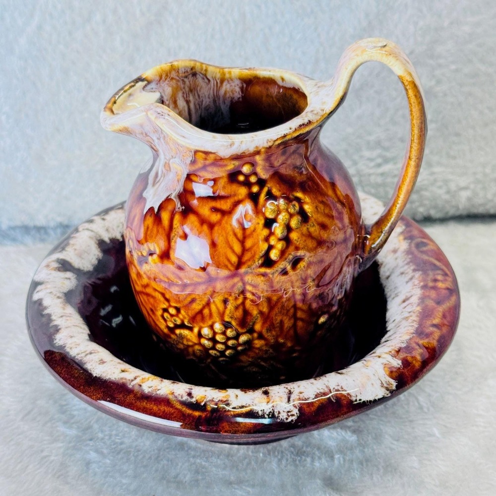 Drip Glaze Pottery Basin‎ Pitcher & Bowl Set Rustic Brown Stoneware Cabincore